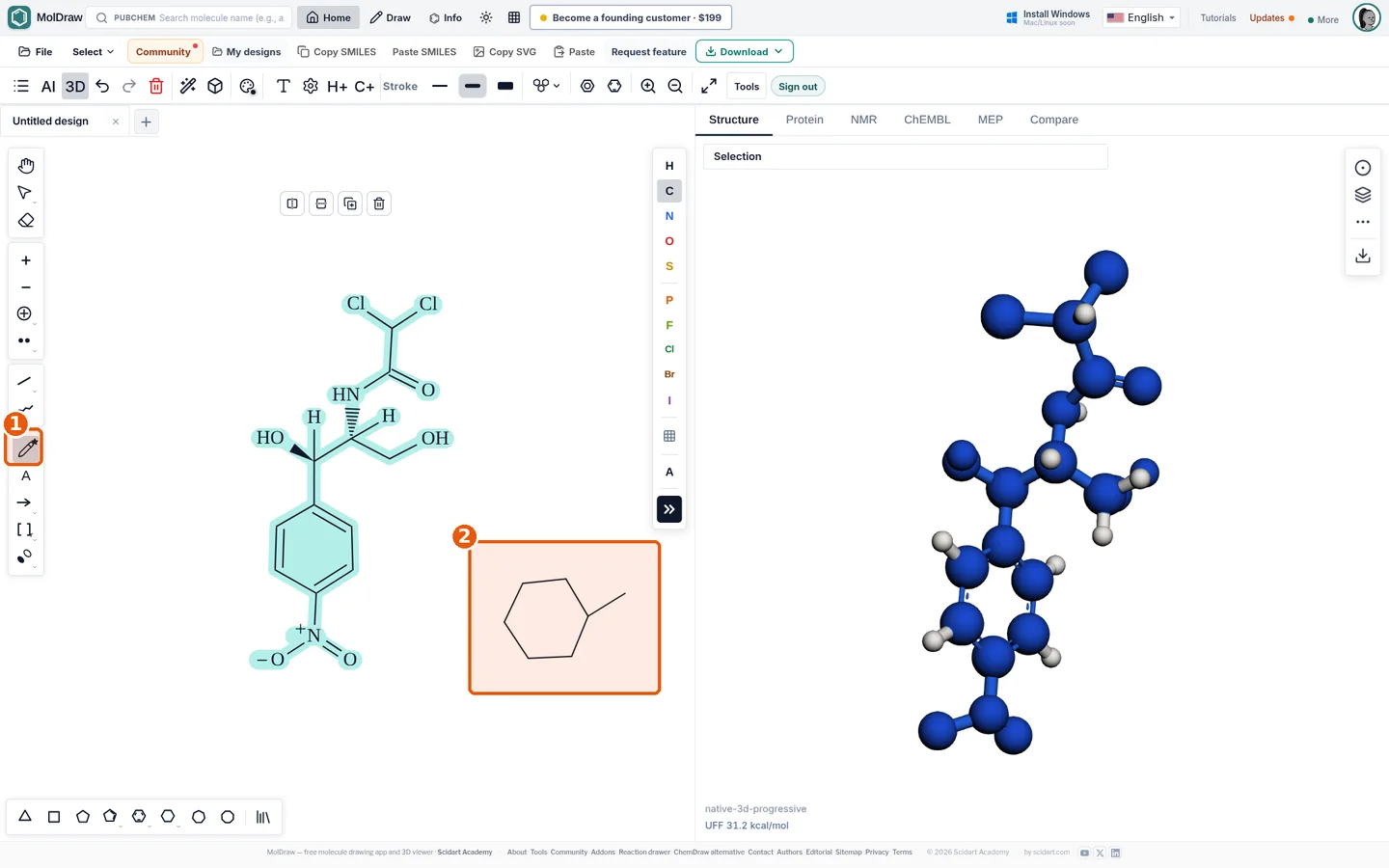 MolDraw Smart Draw converting a freehand hexagon sketch into a clean cyclohexane ring with a methyl group