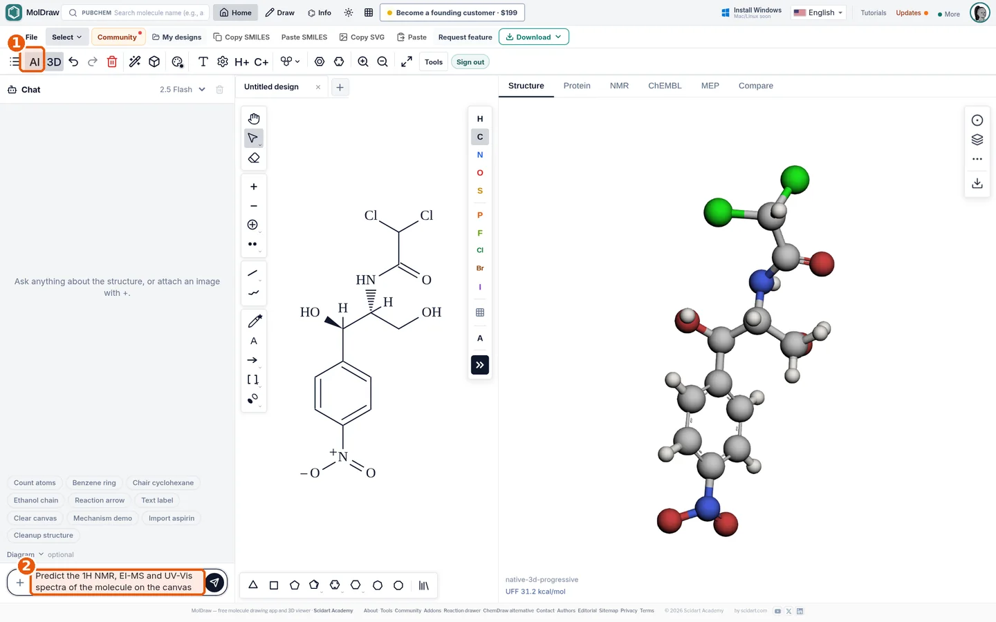 MolDraw AI chat panel with a prompt asking to predict the 1H NMR, EI-MS and UV-Vis spectra of the molecule on the canvas