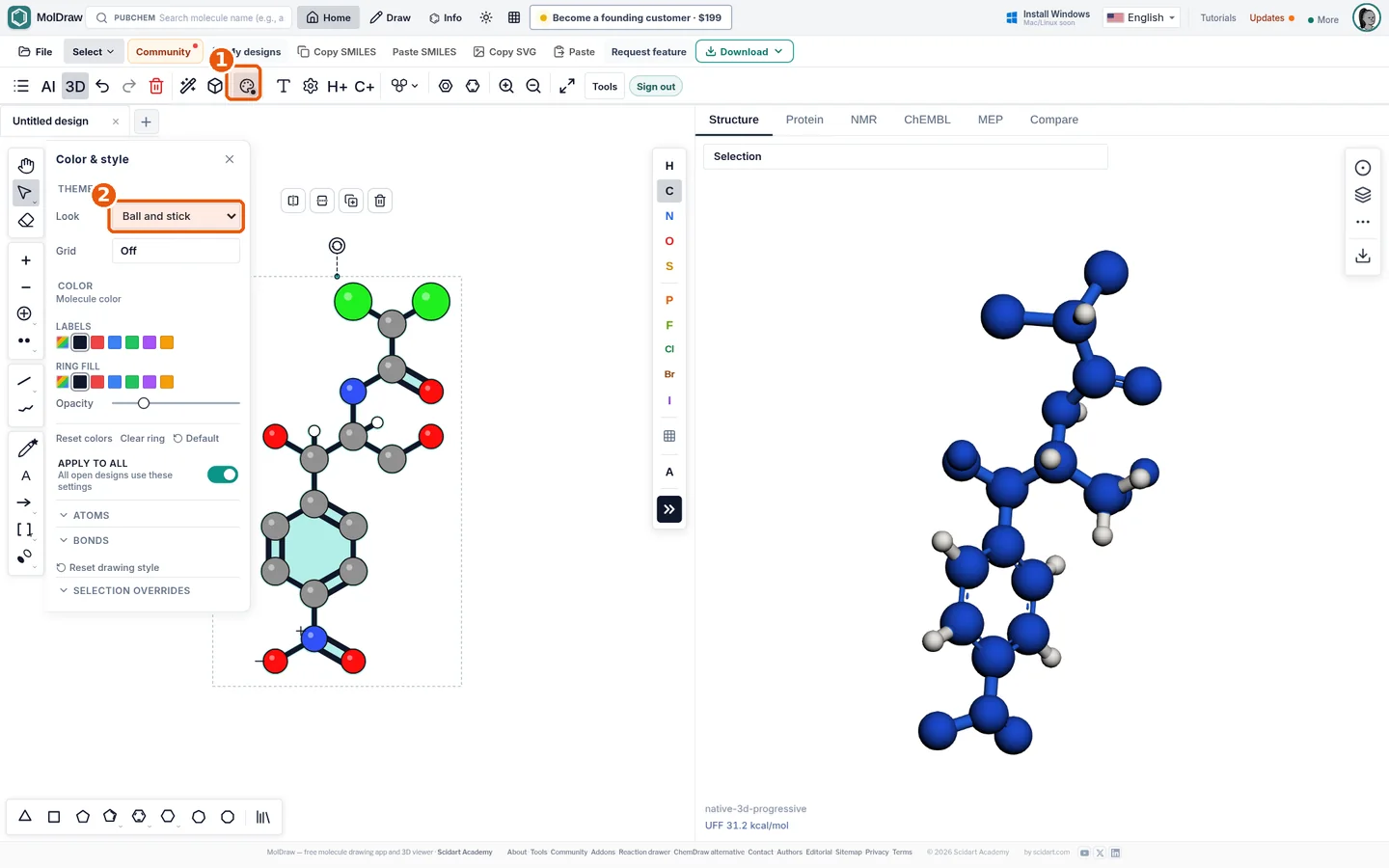 MolDraw Color and style panel with Look set to Ball and stick, rendering chloramphenicol as coloured spheres and sticks