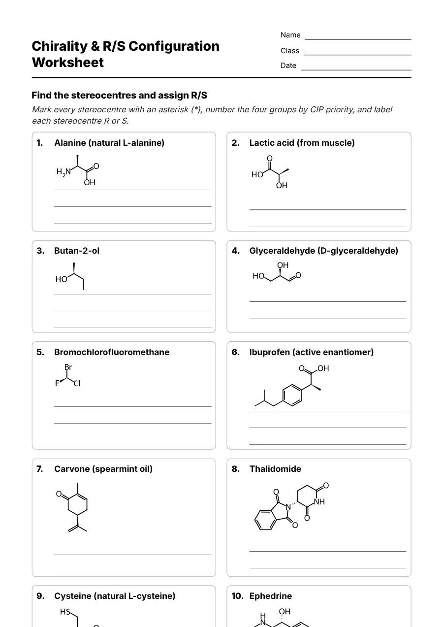 Preview of the Chirality & R/S Configuration Worksheet
