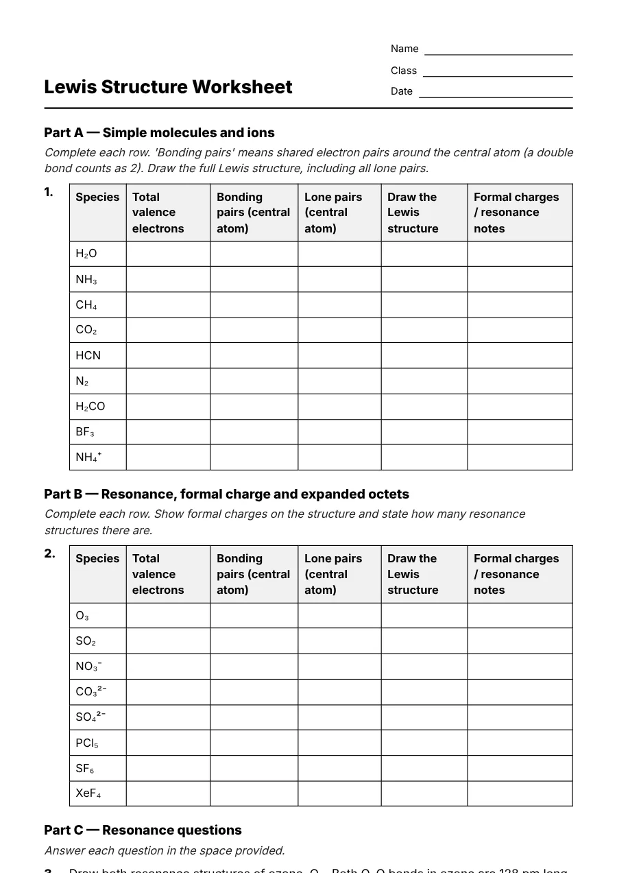 Preview of the Lewis Structure Worksheet