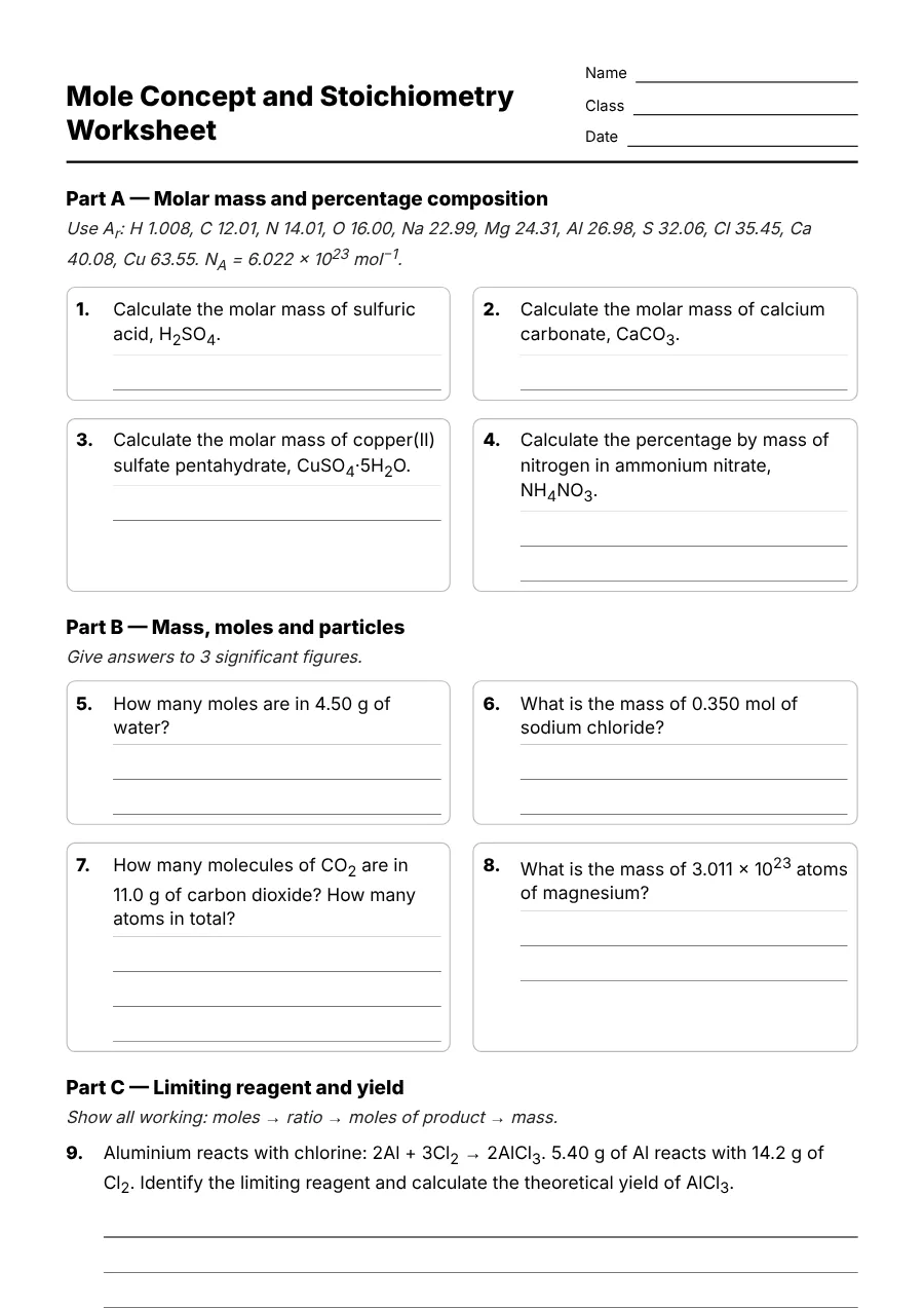 Preview of the Mole Concept and Stoichiometry Worksheet