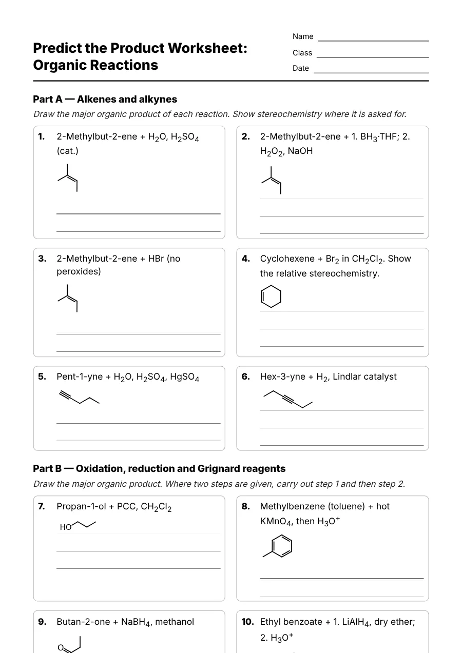 Preview of the Predict the Product Worksheet: Organic Reactions