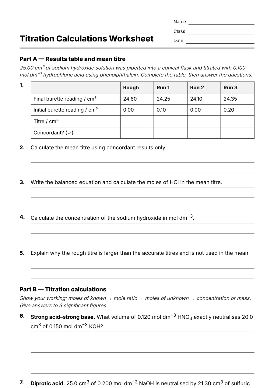 Preview of the Titration Calculations Worksheet