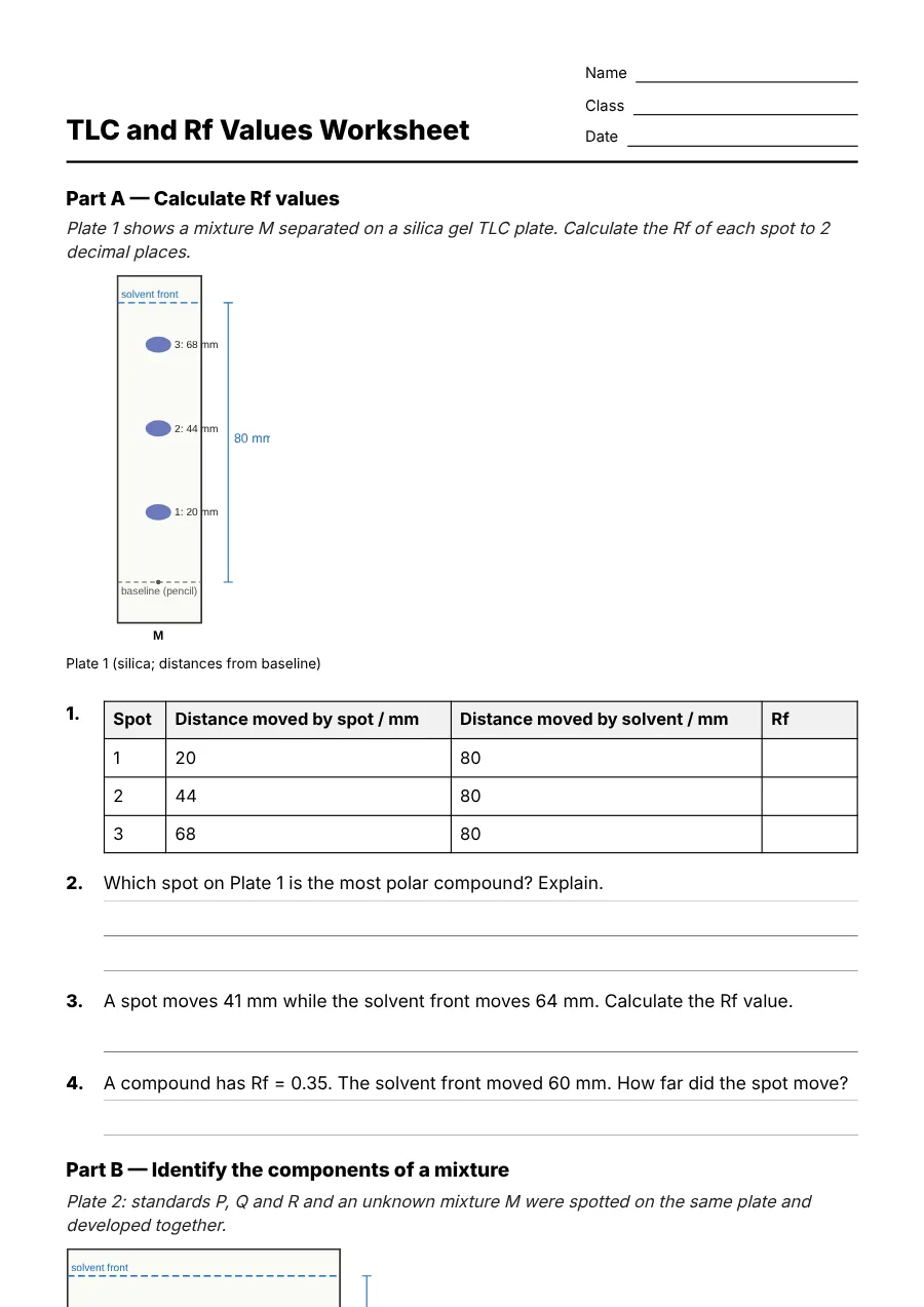 Preview of the TLC and Rf Values Worksheet
