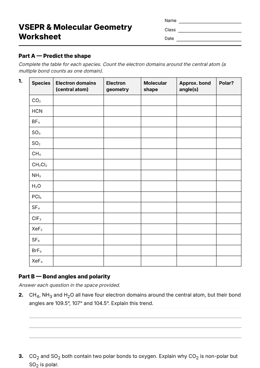 Preview of the VSEPR & Molecular Geometry Worksheet