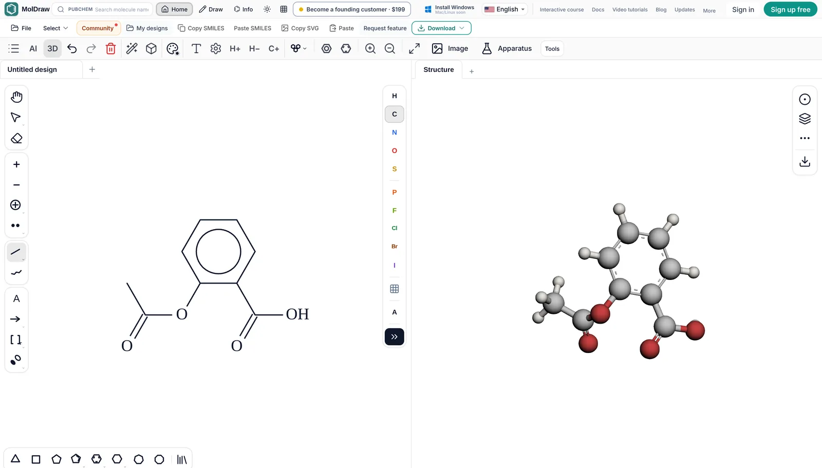 Editor MolDraw con l'aspirina disegnata in 2D e il suo modello 3D in tempo reale accanto