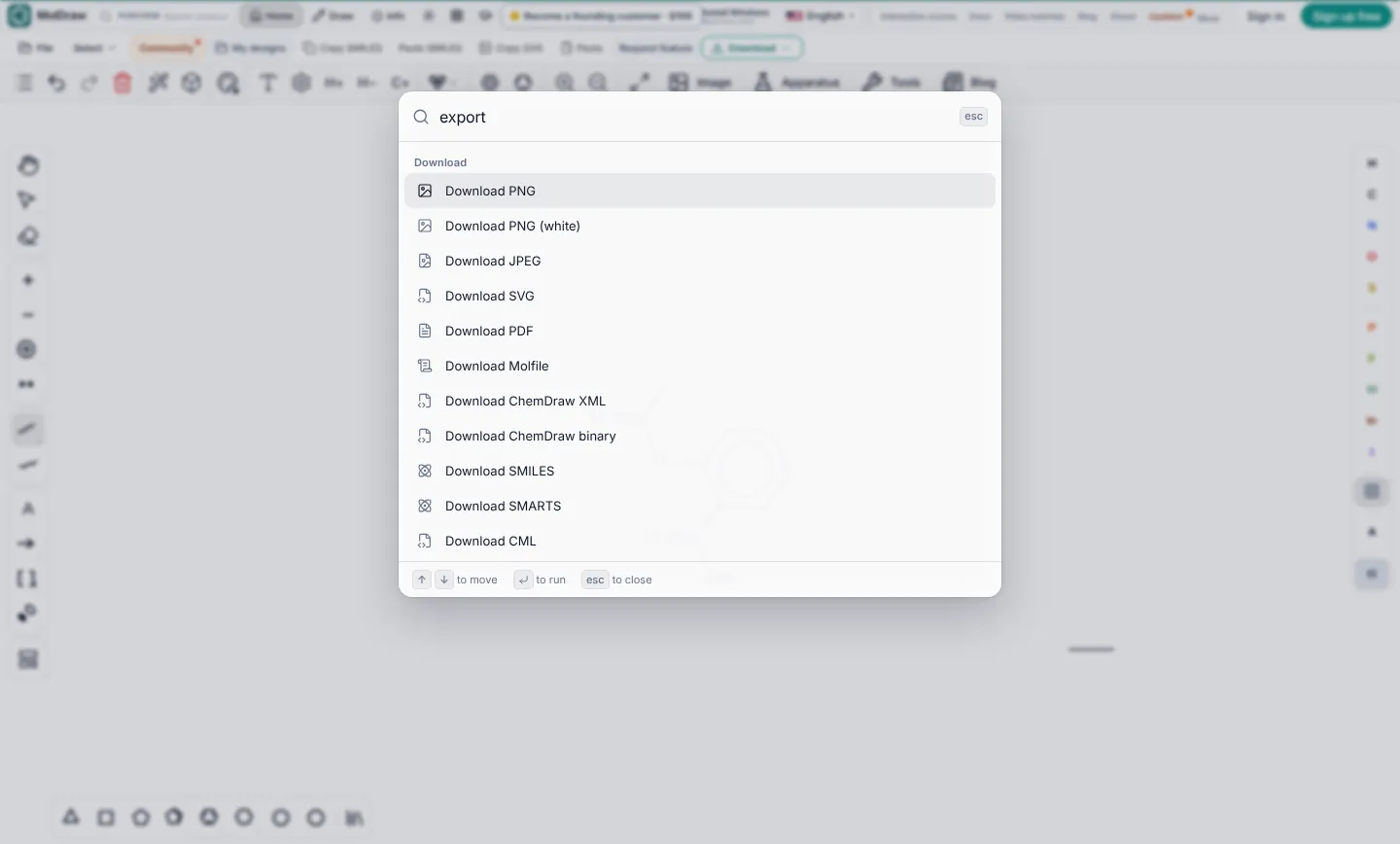 Palette dei comandi di MolDraw che elenca i formati di download dopo aver digitato export