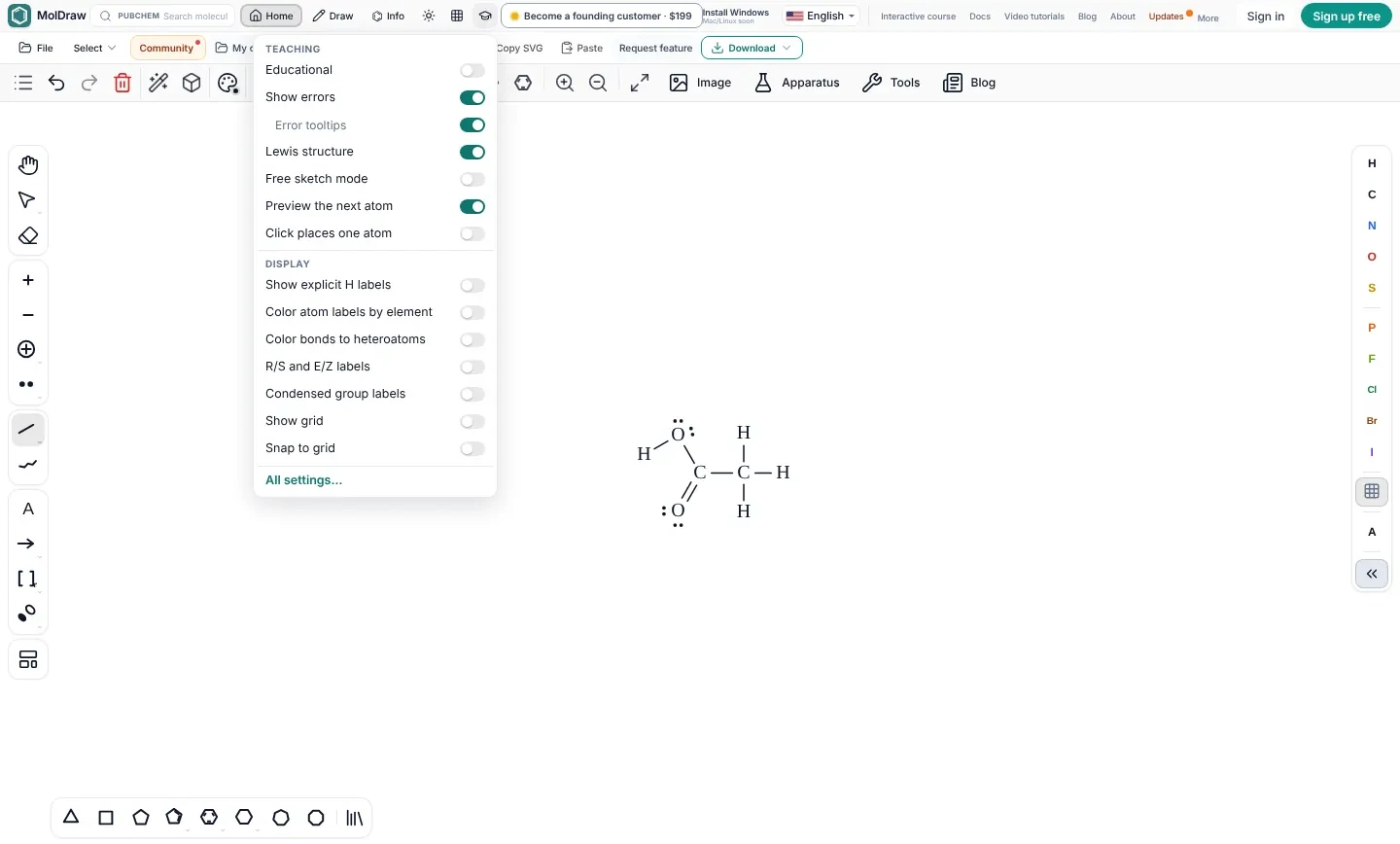 Menu Teaching di MolDraw aperto accanto all'acido acetico disegnato come struttura di Lewis con tutti i doppietti liberi