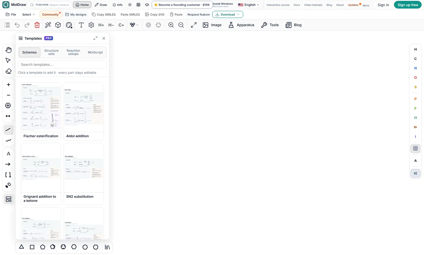 Pannello Templates di MolDraw con schemi di reazione pronti come l'esterificazione di Fischer e la sostituzione SN2