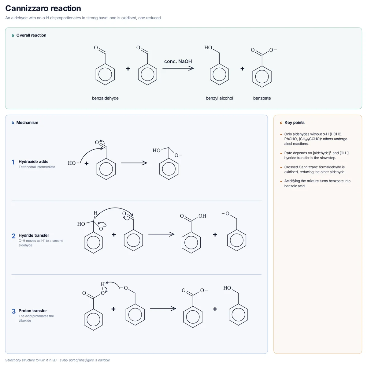 Cannizzaro Reaction mechanism: Hydroxide adds to benzaldehyde, the adduct transfers hydride to a second benzaldehyde and a proton swap gives benzoate and benzyl alcohol.