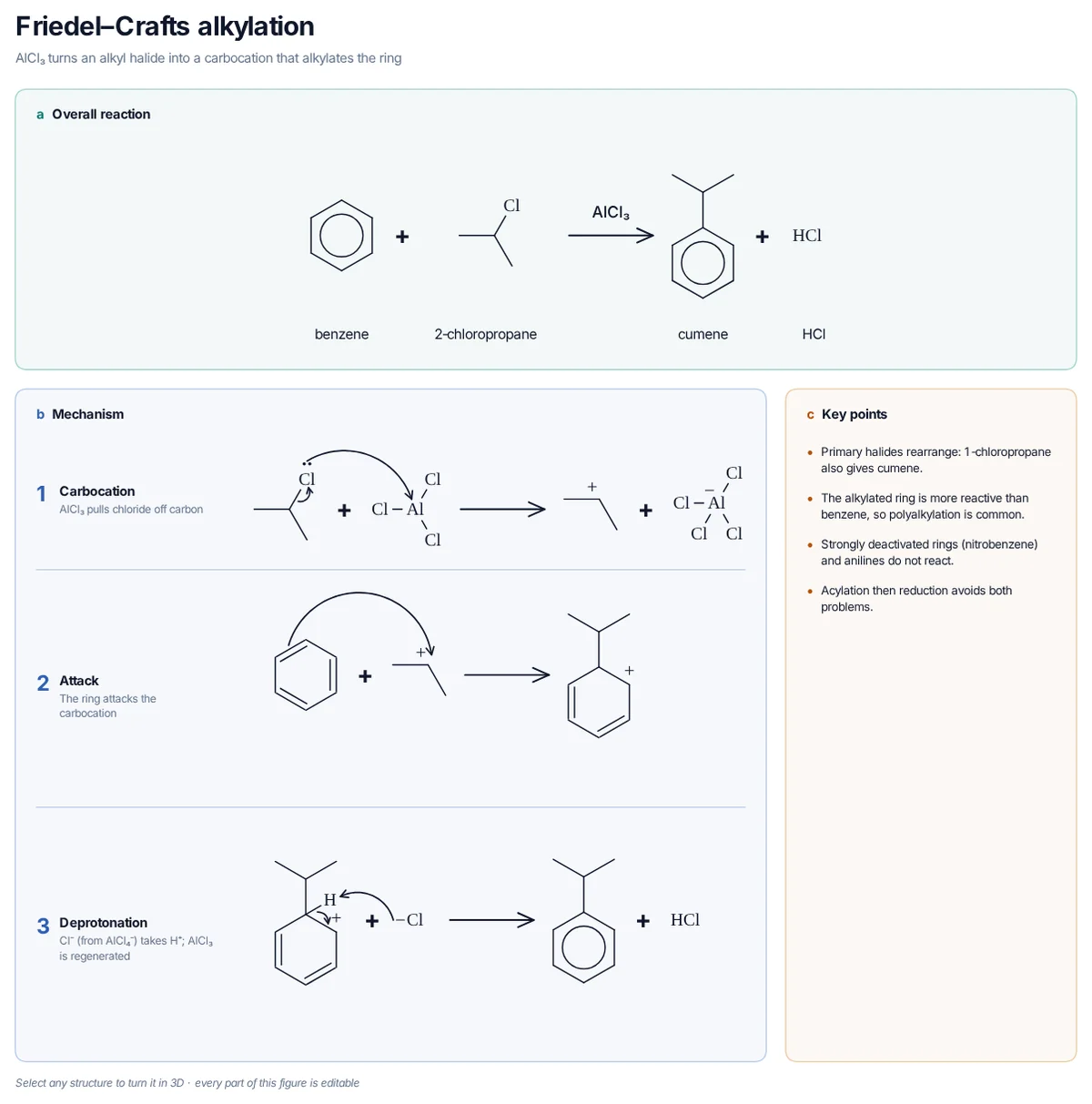 Friedel–Crafts Alkylation mechanism: 2-Chloropropane and AlCl₃ give the isopropyl cation; benzene attacks it and loses H⁺ to give cumene.