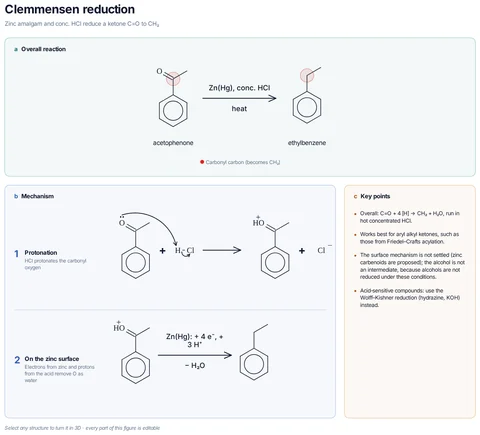 Clemmensen reduction template: Acetophenone is reduced to ethylbenzene by Zn(Hg) in hot conc. HCl. The carbonyl is protonated, then electrons from the zinc surface and protons remove the oxygen as water.
