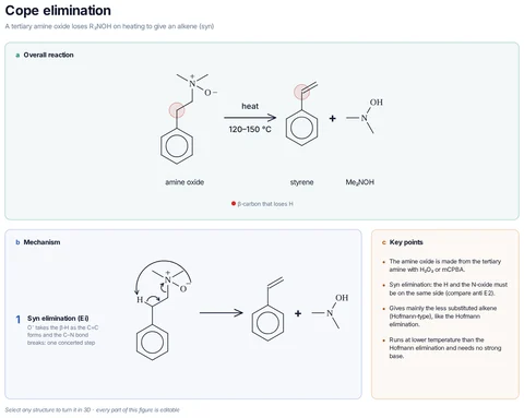 Cope elimination template: The N-oxide oxygen takes a β-hydrogen through a five-membered cyclic transition state; the C–N bond breaks at the same time, giving styrene and N,N-dimethylhydroxylamine.