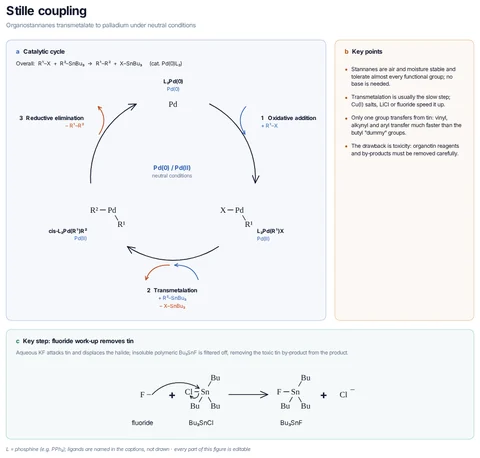 Stille coupling template: Catalytic cycle of the Stille coupling: oxidative addition of R¹–X to L₂Pd(0), transmetalation from R²SnBu₃ with loss of XSnBu₃, and reductive elimination of R¹–R²; key step: fluoride work-up removes the tin by-product as Bu₃SnF.