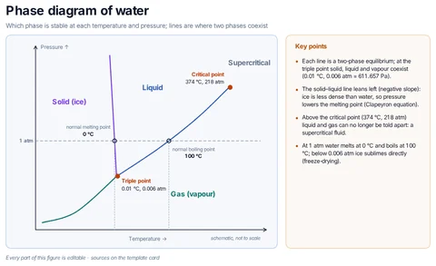 Phase diagram of water template: Schematic P–T phase diagram of water: ice, liquid, vapour, the negative solid–liquid slope, triple point 0.01 °C / 0.006 atm, critical point 374 °C / 218 atm, normal melting and boiling points.