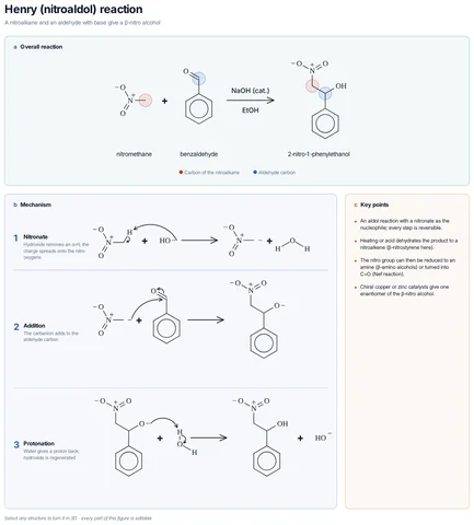 Henry (nitroaldol) reaction template: Base removes a proton from nitromethane (pKa 10); the nitronate carbon adds to benzaldehyde and the alkoxide is protonated: 2-nitro-1-phenylethanol.