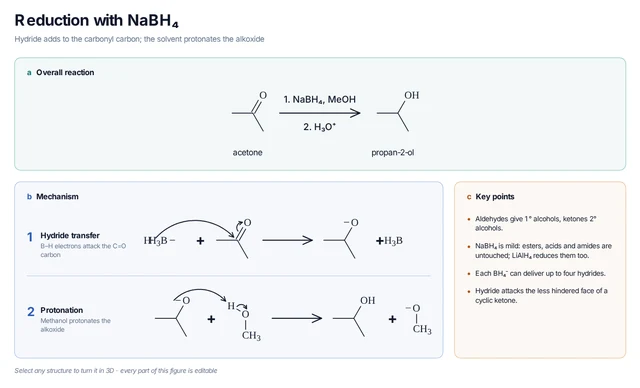 Reduction with NaBH₄ template: Borohydride delivers H⁻ to acetone and methanol protonates the alkoxide to give propan-2-ol.