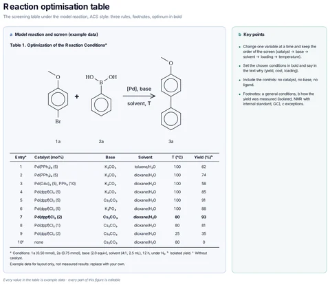 Reaction optimisation table template preview