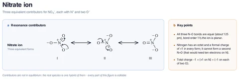 Nitrate ion template: NO₃⁻: N⁺ with one N=O and two N–O⁻ bonds; an O⁻ lone pair forms N=O as the N=O π bond moves to another O, giving three equivalent forms.