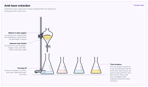 Acid–base extraction template: Separating funnel in a ring clamp with the ether solution over an aqueous layer, and three labelled flasks for the base, acid and neutral fractions. A-level / AP / IB / university.