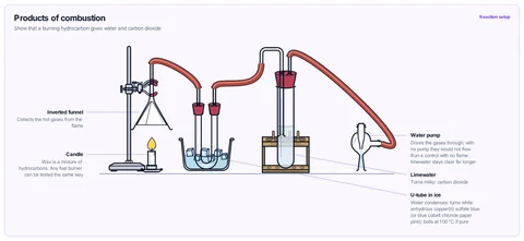 Products of combustion template: Gases from a candle drawn by a water pump through an inverted funnel, a U-tube cooled in ice where water condenses, and limewater, which turns milky. GCSE / high school (CBSE).