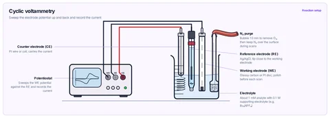 Cyclic voltammetry template: Potentiostat wired to working, Ag/AgCl reference and Pt counter electrodes in a degassed electrolyte, with an N₂ purge line.