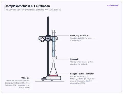 Complexometric (EDTA) titration template: Burette of standard EDTA over a sample buffered at pH 10 with Eriochrome Black T on a white tile; wine red to blue at the end point. A-level / IB / university analytical.