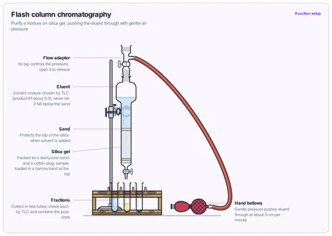 Flash column chromatography template: Clamped column of silica between sand layers under the eluent, flow adapter on top worked by hand bellows, and fractions collected in test tubes in a rack. University / A-level extension.