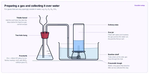 Preparing a gas and collecting it over water template: Conical flask with a thistle funnel and delivery tube through a two-hole bung, gas collected in an inverted gas jar over a beehive shelf in a pneumatic trough.