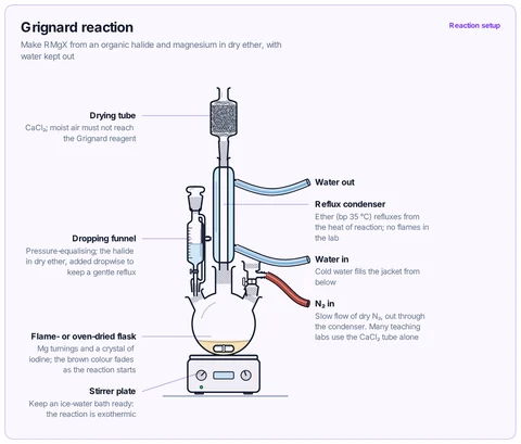 Grignard reaction template: Dry three-neck flask with stir bar, pressure-equalising dropping funnel, reflux condenser with drying tube and N₂ inlet. University / A-level extension.