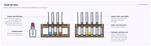 Tests for ions template: GCSE / high school and A-level: test tubes in racks showing hydroxide precipitates with NaOH, silver halides with acidified AgNO₃, barium sulfate with acidified BaCl₂, and the carbonate test with acid and limewater.