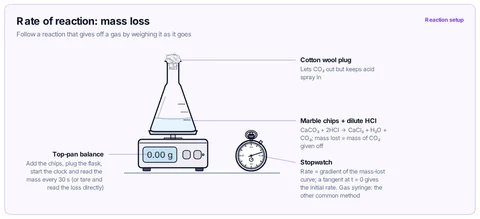 Rate of reaction: mass loss template: Conical flask of marble chips and dilute HCl with a cotton wool plug on a top-pan balance, and a stopwatch; plot mass lost against time. GCSE to A-level / AP / IB.