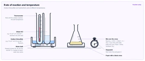 Rate of reaction and temperature template: GCSE / high school and A-level / AP / IB: solutions brought to temperature in boiling tubes in a thermostatic water bath, then mixed in a conical flask over a cross and timed until the cross disappears. (Marble chips with HCl at several temperatures, timed by gas volume or mass loss, is the other common version.)