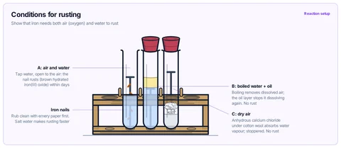 Conditions for rusting template: GCSE / high school (CBSE class 8 to 10): three test tubes with clean iron nails in a rack: tap water open to the air, boiled water under a layer of oil, and dry air over anhydrous calcium chloride, stoppered. Left for a few days.