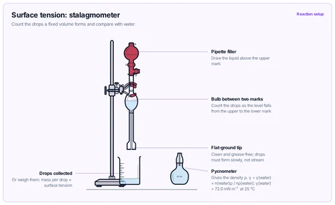 Surface tension: stalagmometer template: Stalagmometer clamped vertically with a pipette filler, drops counted into a beaker, density from a pycnometer. University physical; IB / A-level extension.
