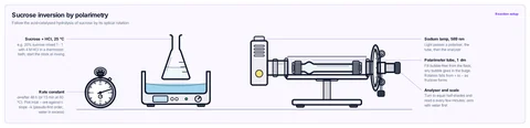 Sucrose inversion by polarimetry template: Polarimeter with a 1 dm tube of the reacting solution, the mixture in a flask in a thermostat bath, and a stopwatch. University physical kinetics; IB / A-level extension.