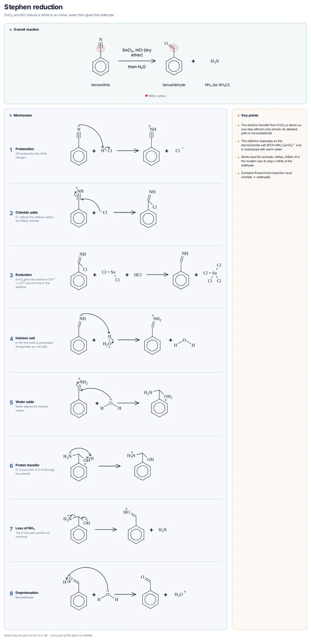 Stephen reduction template: Benzonitrile takes HCl to form the imidoyl chloride, SnCl₂ reduces it to the aldimine (as its salt), and hydrolysis gives benzaldehyde and ammonia.